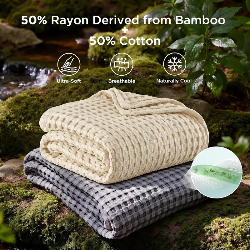 Cooling Bamboo Waffle Blanket, Lightweight Breathable Throw for Hot Sleepers
