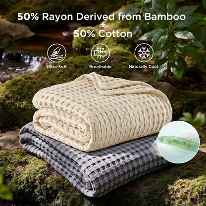 Cooling Bamboo Waffle Blanket, Lightweight Breathable Throw for Hot Sleepers