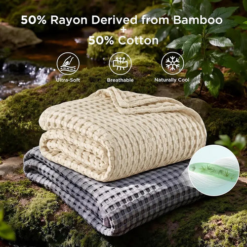 Cooling Bamboo Waffle Blanket, Lightweight Breathable Throw for Hot Sleepers