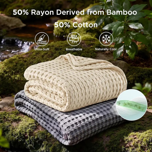 Cooling Bamboo Waffle Blanket, Lightweight Breathable Throw for Hot Sleepers